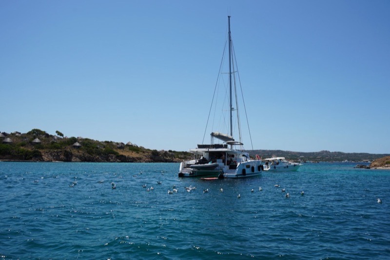 Catamarán fondeado en una bahía de agua azul