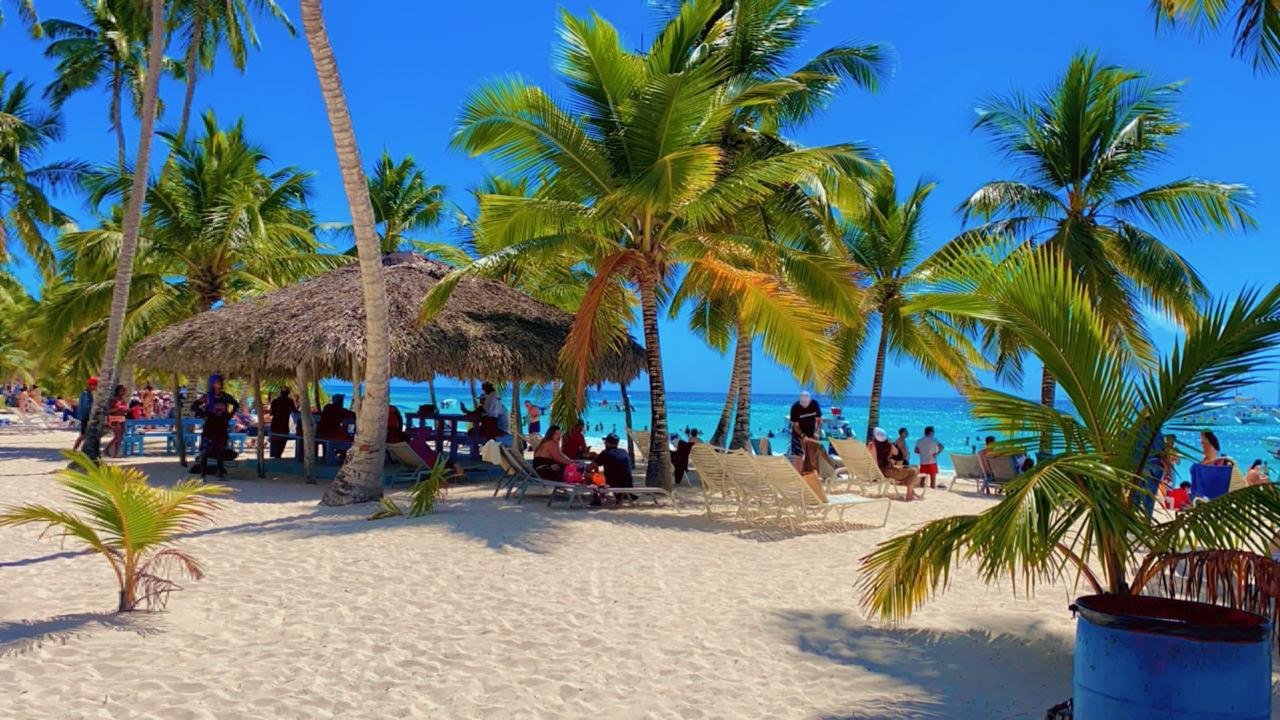 Zona de descanso bajo las palmeras en la playa de la isla