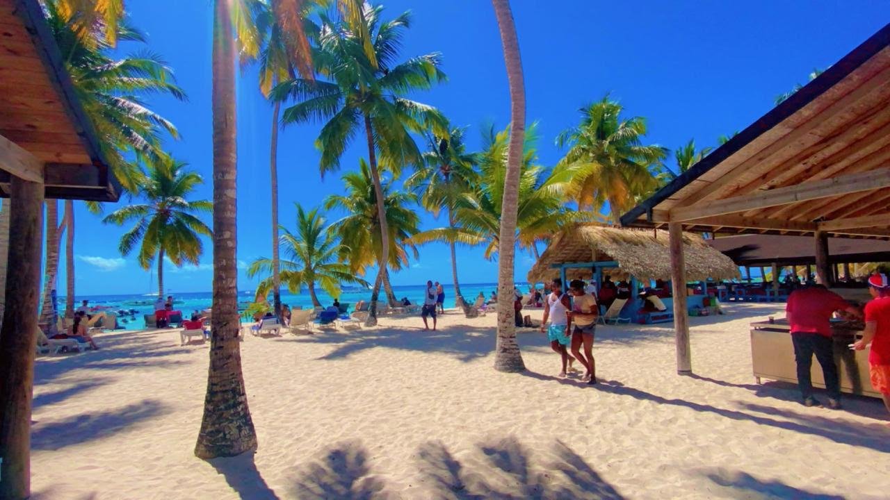 Palmeras y un rancho de playa junto al mar