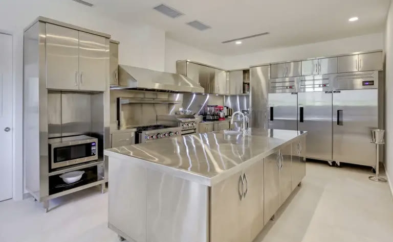 A stainless-steel professional kitchen