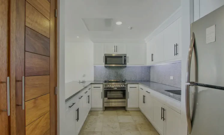 A white kitchen with a wooden door