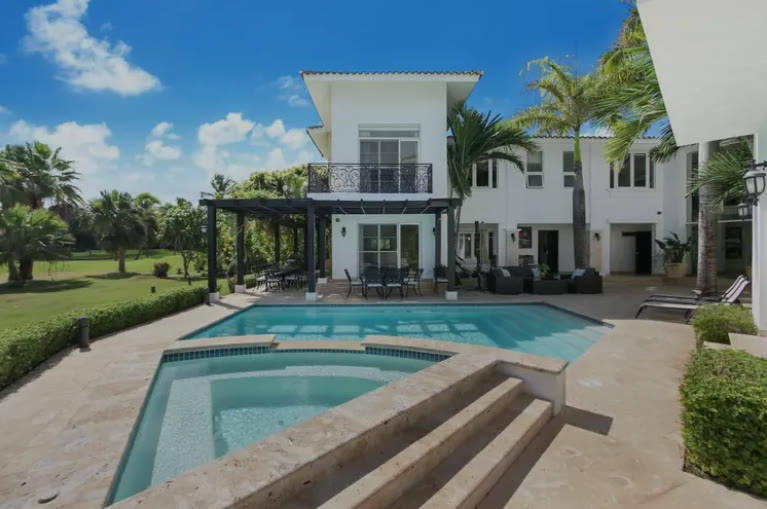 The two-storey villa with its private pool and garden
